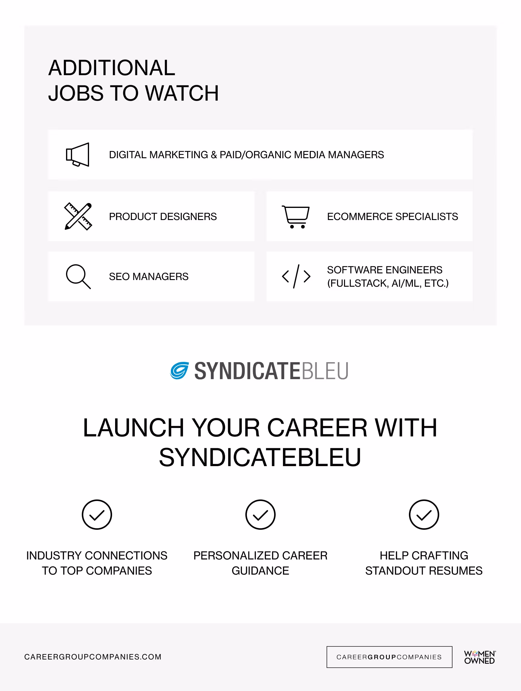 infographic on additional jobs to watch and how to launch your career with syndicatebleu