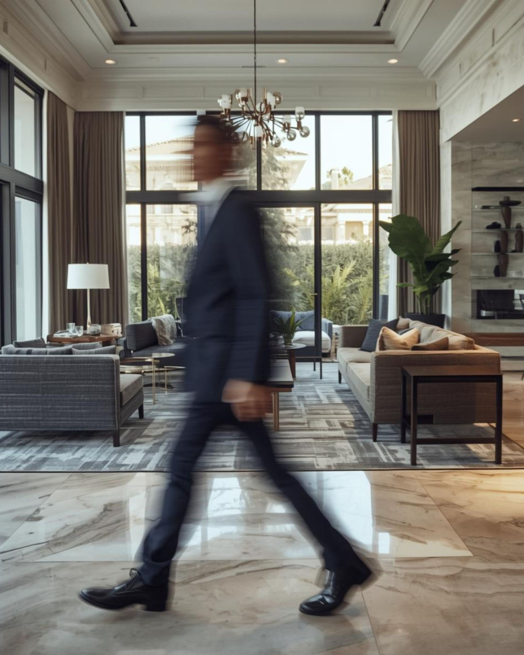 Woman in a suit, standing behind a reception desk, on the phone,  looking at a computer screen pleasantly. 