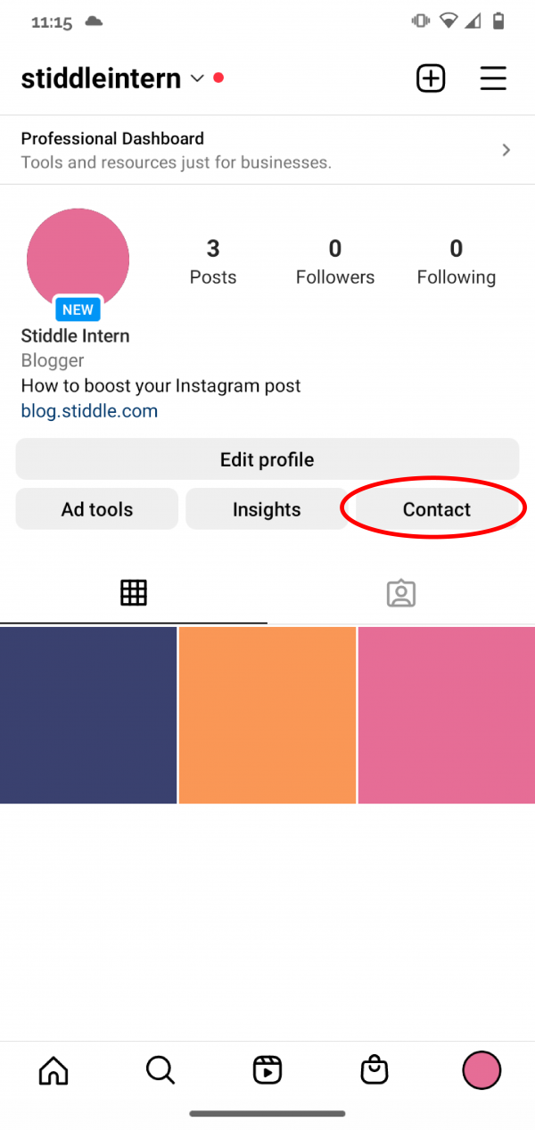 Screenshot: tap "contact" on profile