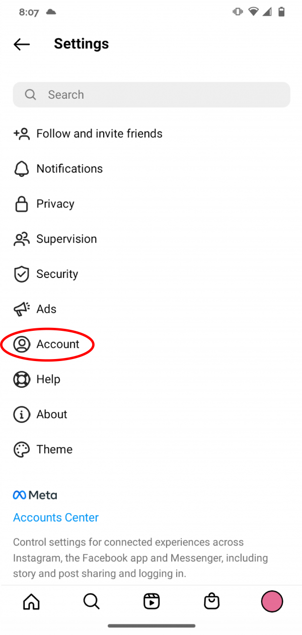 Screenshot: in Settings, select "Account"