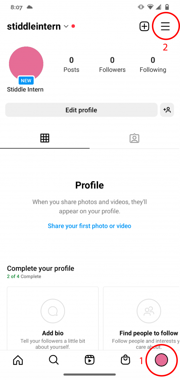 Screenshot: go to profile and tap the hamburger icon in the top right