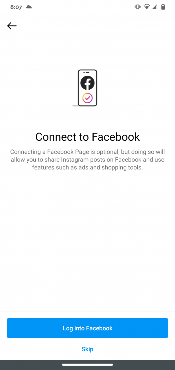 Screenshot: Connect to Facebook, or skip