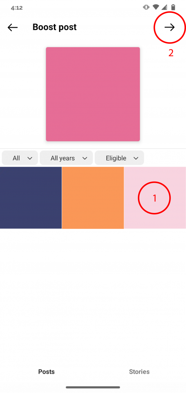 Screenshot: Select which Instagram post boost and hit continue