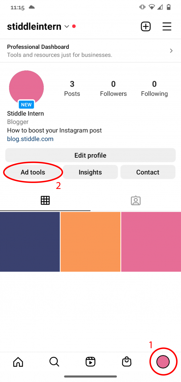 Screenshot: Go to your Instagram profile and tap "Ad Tools"