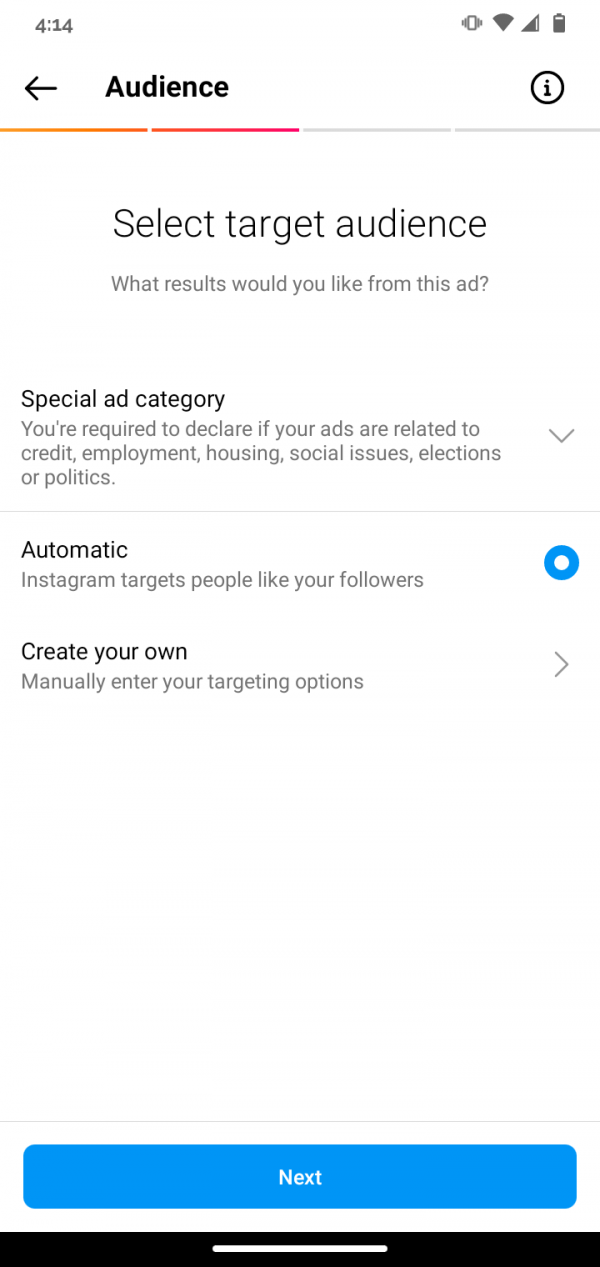 Screenshot: Select target Instagram audience