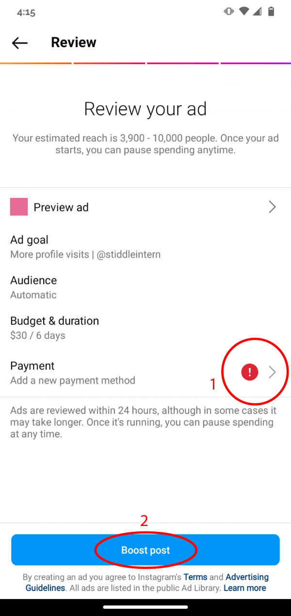 Screenshot: Choose a payment method and boost