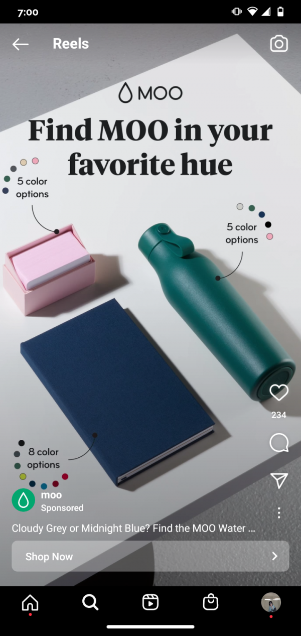 instagram reel containing ad with blue book, green water bottle and pink sticky pads