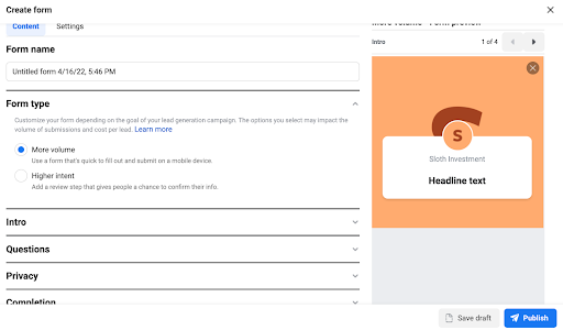 Create Lead Ad Form 1