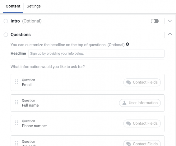 Stiddle - Facebook Lead Ad Builder Content Step Image