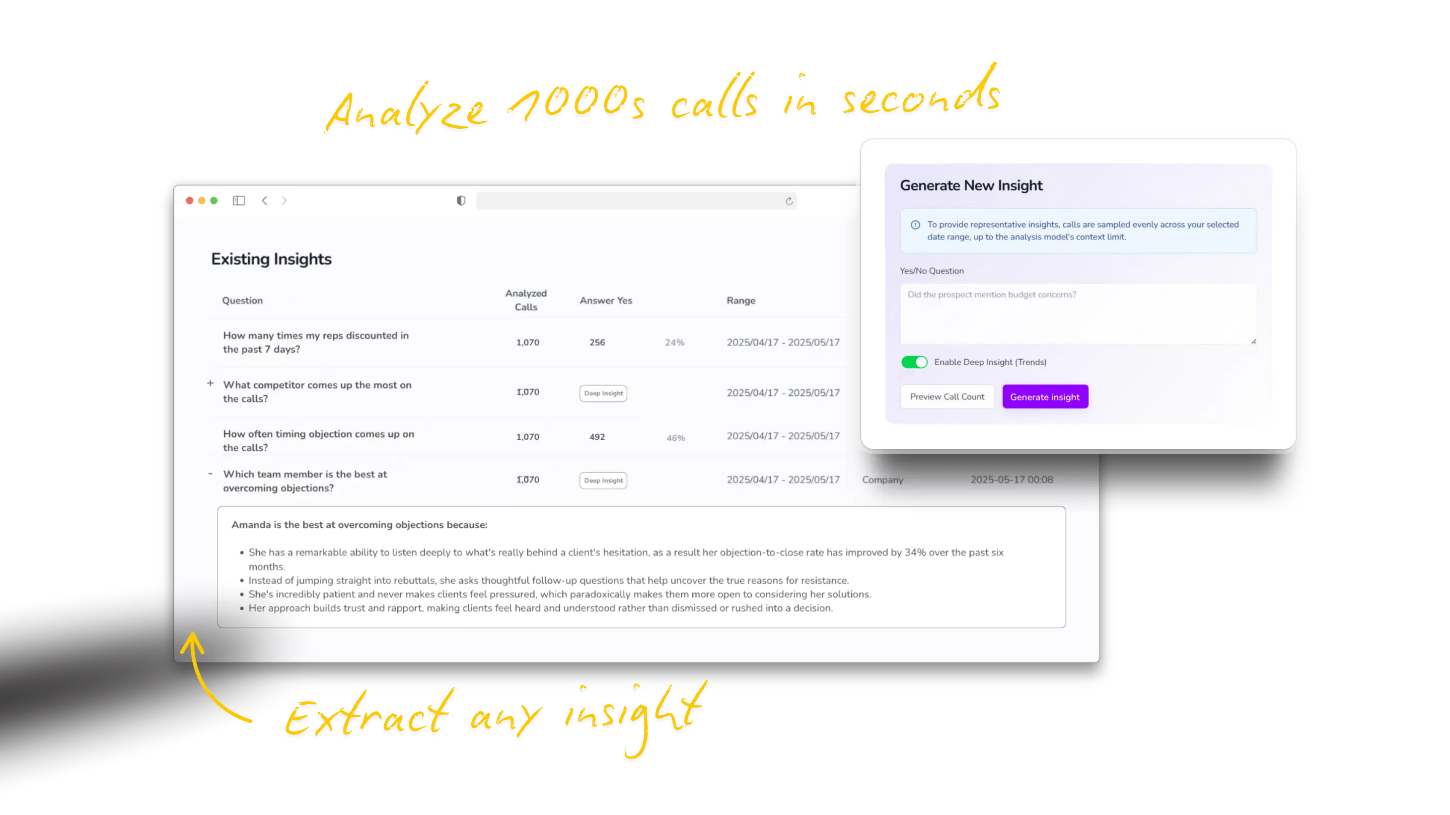 Analyze thousands client calls in seconds with AI insights
