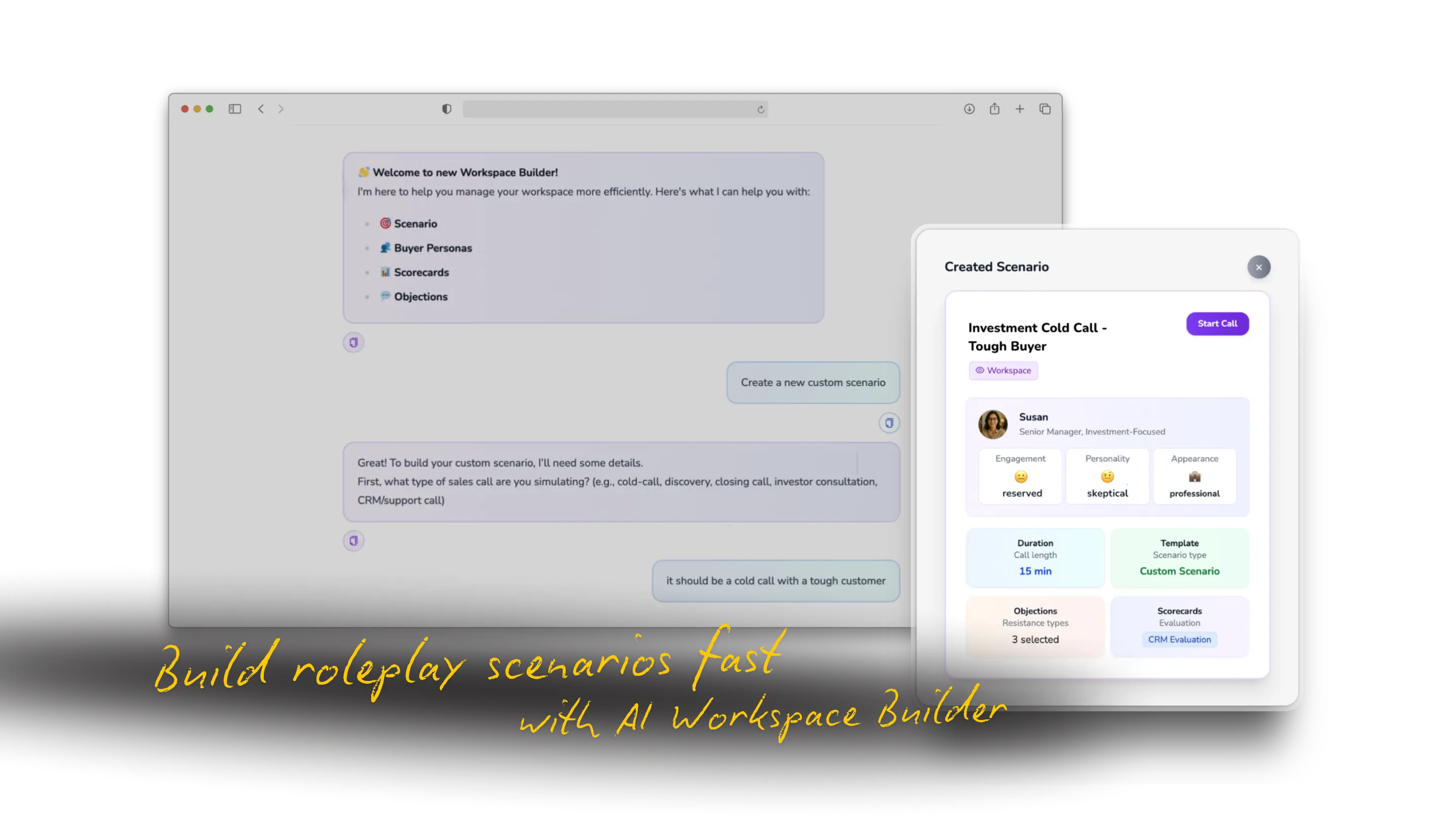 AI builder that creates roleplays, buyer personas, scorecards, and more in seconds.