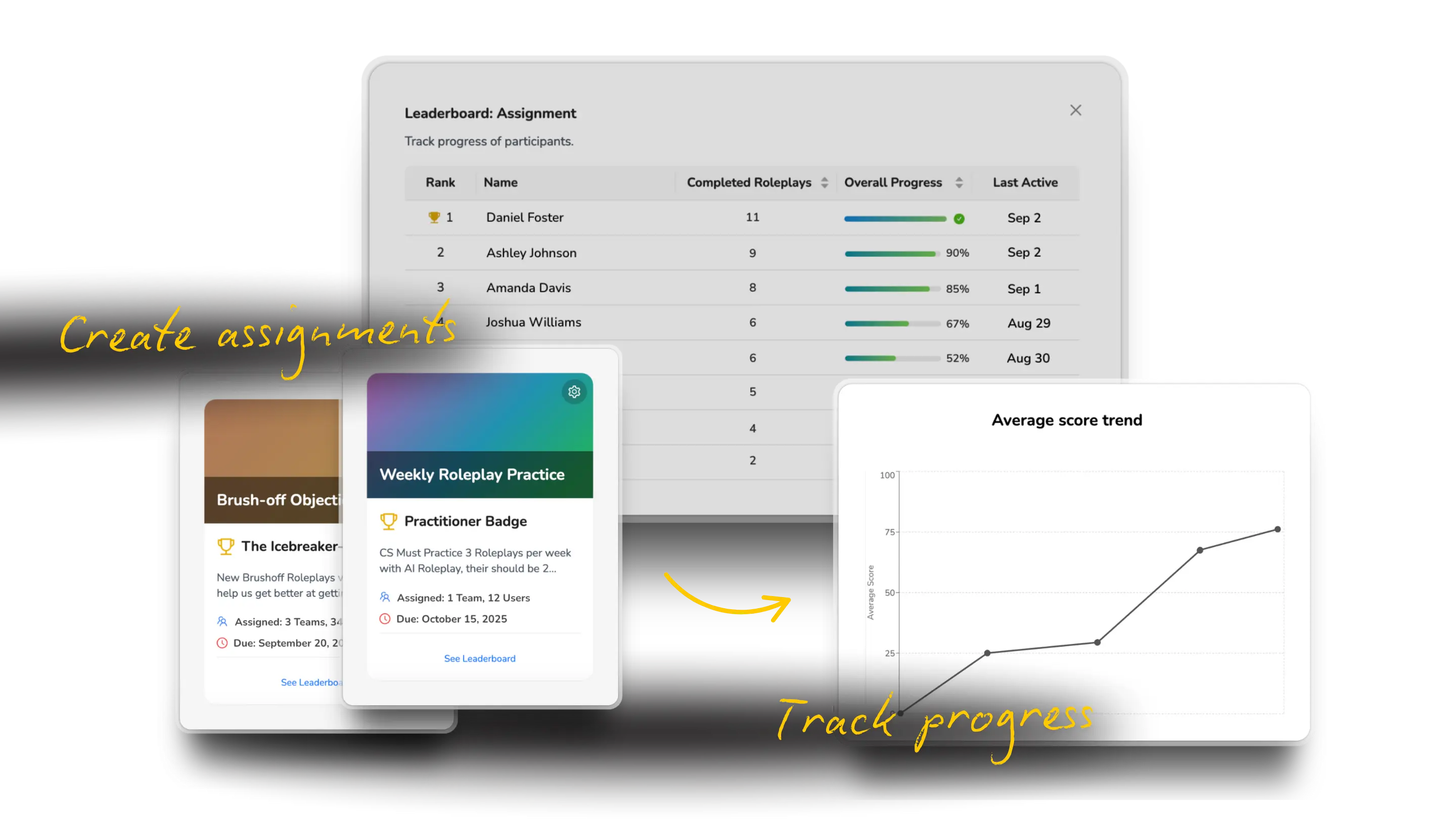 Assign AI roleplays and coaching sessions to your reps and track their improvement