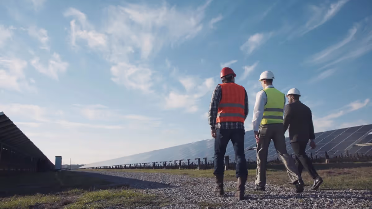 Men walking through solar panel site