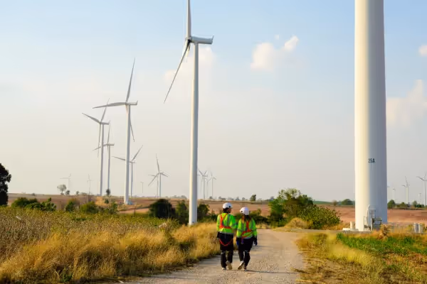 Technicians walking near wind turbines
