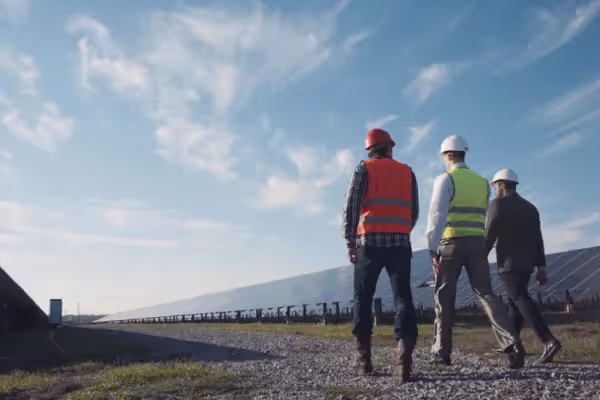 Men walking through solar panel site