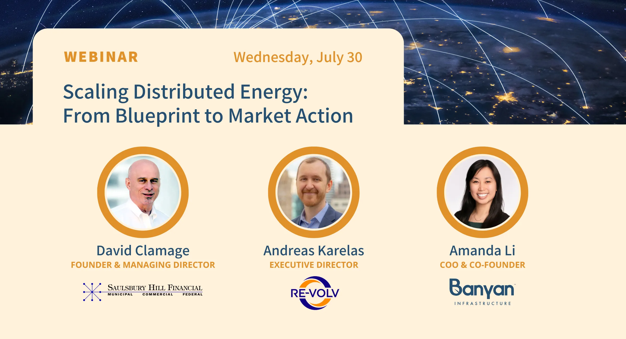 Scaling Distributed Energy graphic with speakers and moderators headshots