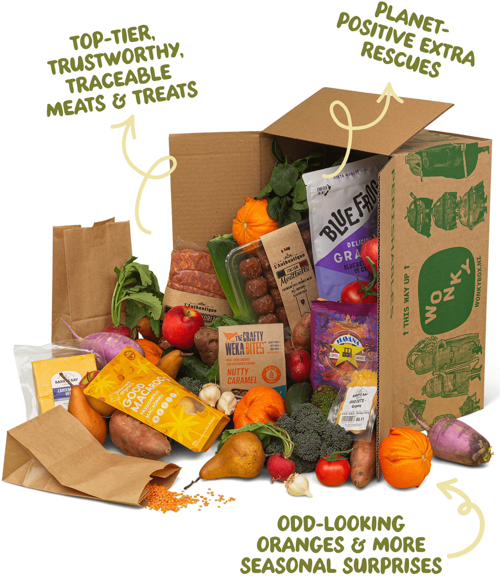 A Wonky Box with extra grocery items - fridge fillers, extra rescues and odd & seasonal produce.