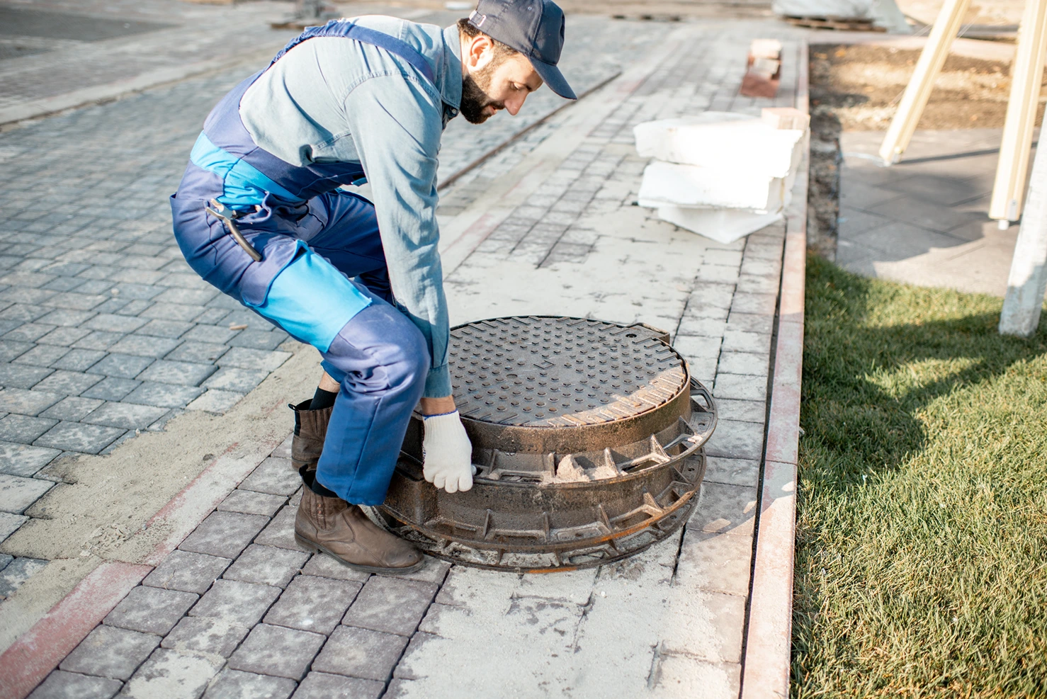 A sewer repair contractor placing a sewer lid on a sidewalk during repair