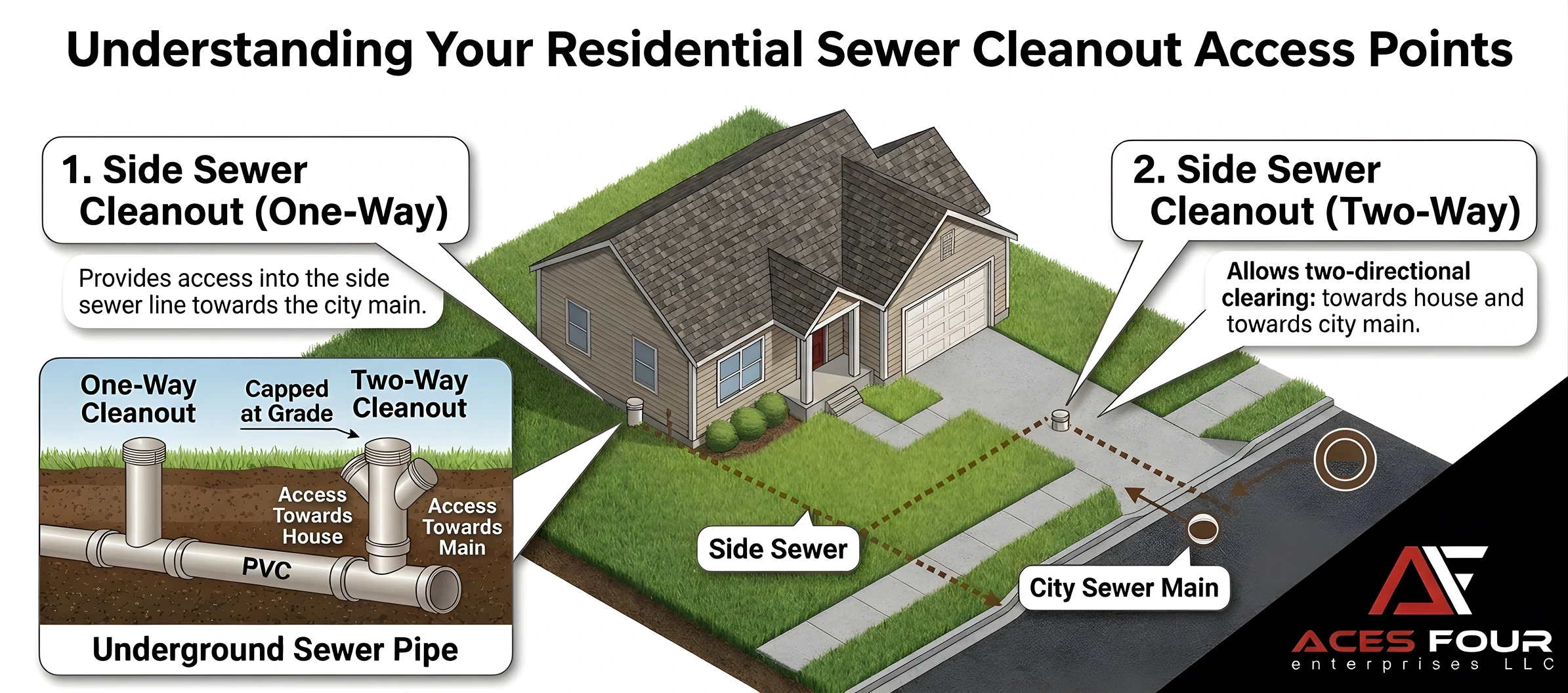 Diagram of a residential property showing a one-way side sewer cleanout near the house and a two-way side sewer cleanout at the property line.