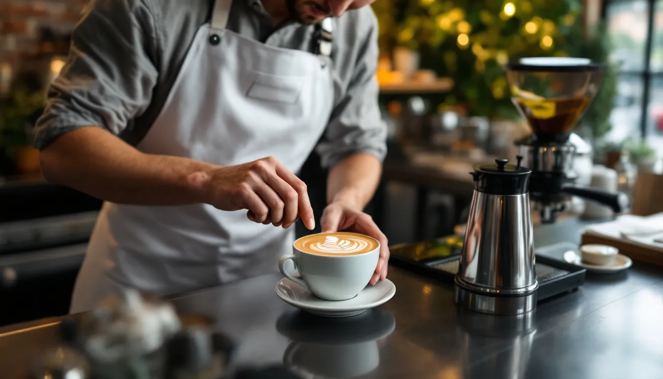 A barista stands behind a coffee bar