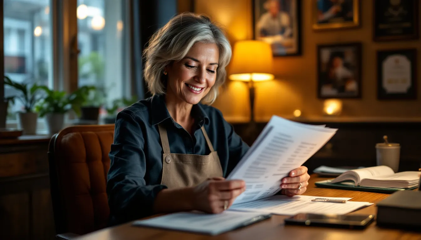 A smiling restaurant manager is reviewing the profit and loss statements, reflecting on the restaurant's financial health and profitability. The manager appears pleased as they analyze key metrics such as total revenue, operating expenses, and net profit, indicating a thriving restaurant business.