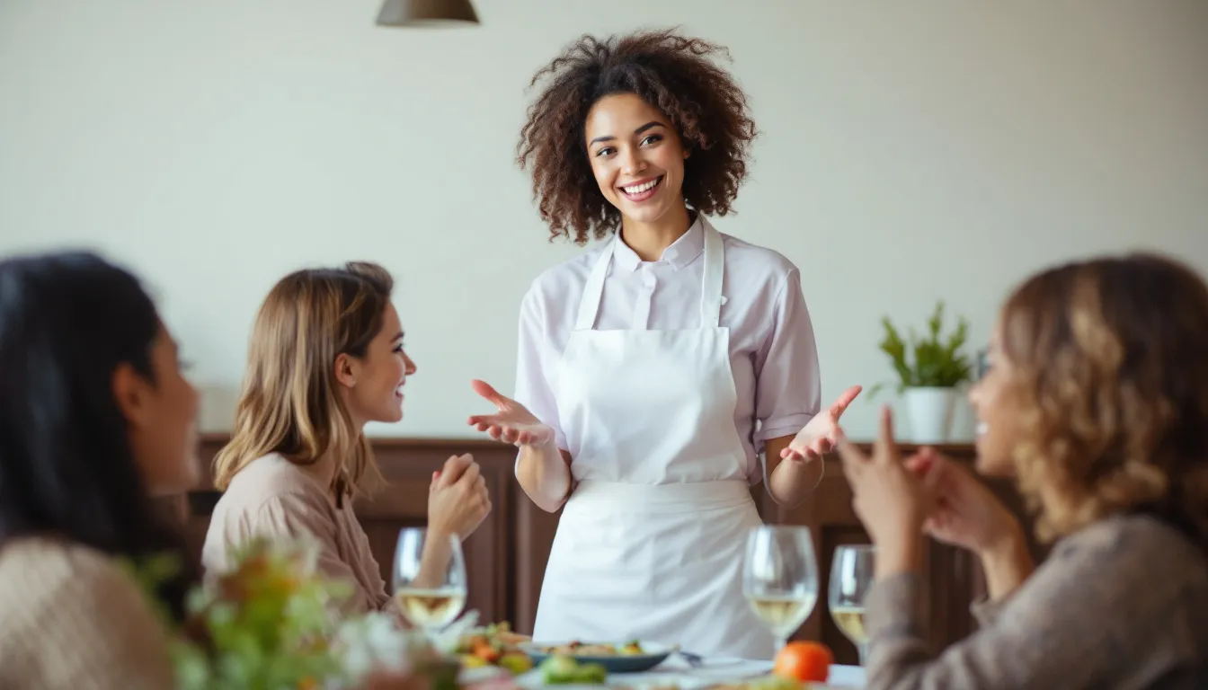 In the image, a restaurant server is attentively engaging with guests, using suggestive selling techniques to recommend a dish that complements their meal choices. The server's warm demeanor enhances the customer experience, encouraging diners to consider additional purchases that could elevate their dining experience.