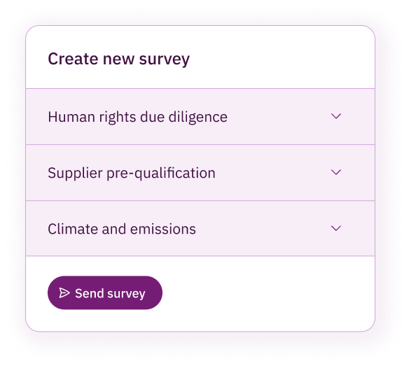 Survey creation interface with dropdown options for Human rights due diligence, Supplier pre-qualification, and Climate and emissions, plus a Send survey button.