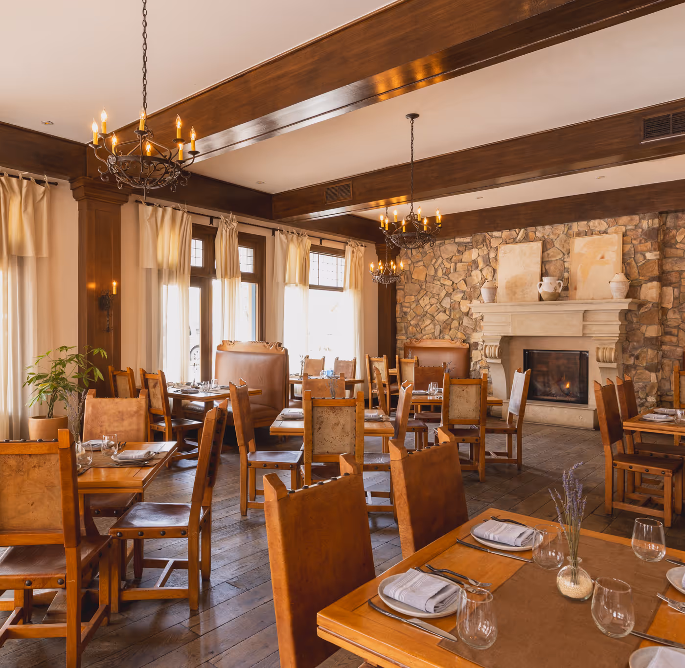 Wolf and Roadrunner dining room with fireplace and wood furniture