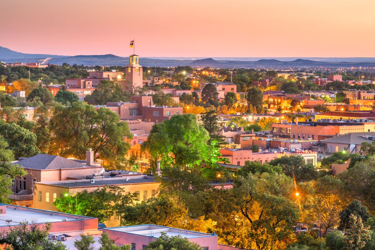 Aerial view of downtown Santa Fe at dusk