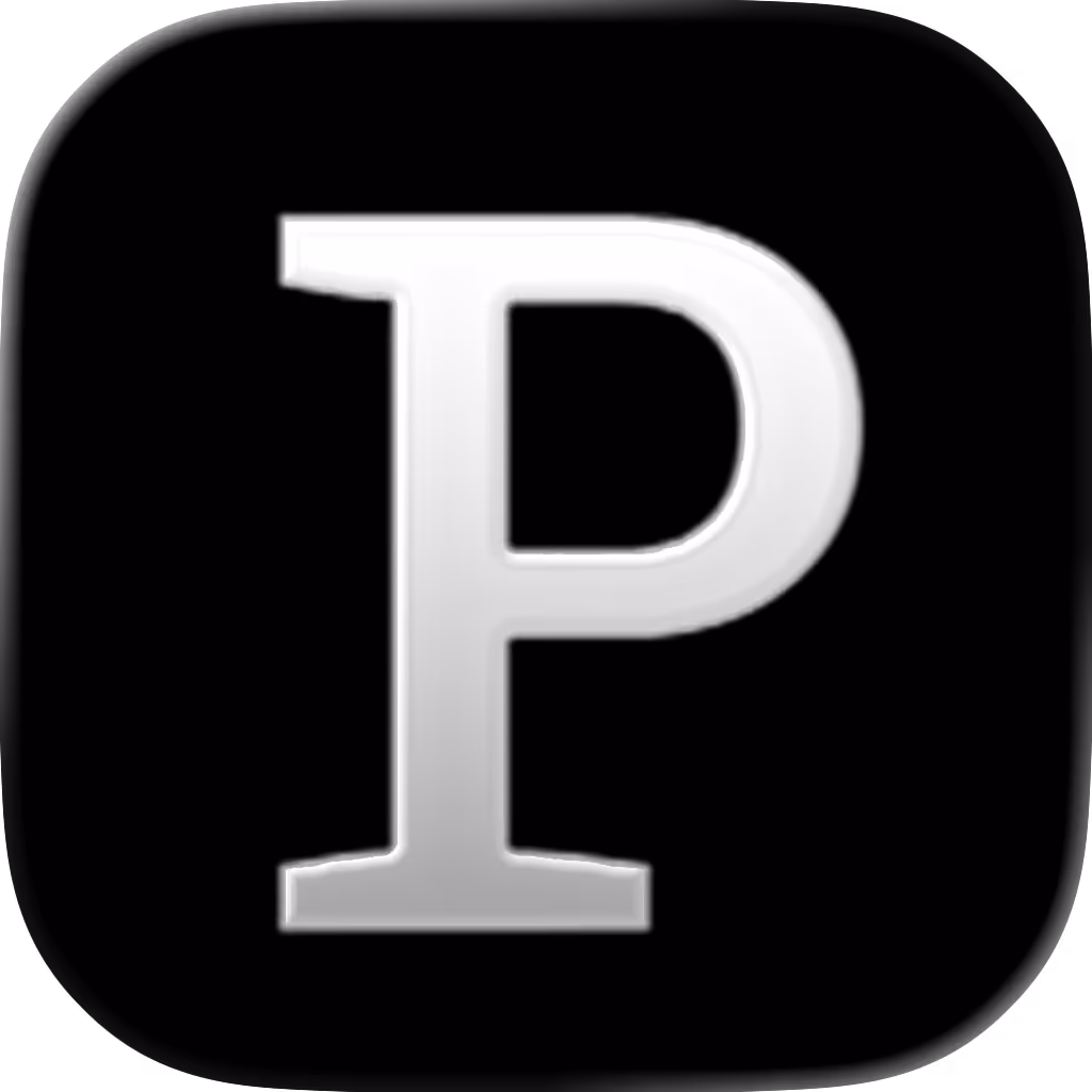 Weißer Buchstabe P auf schwarzem, abgerundetem quadratischem Hintergrund.