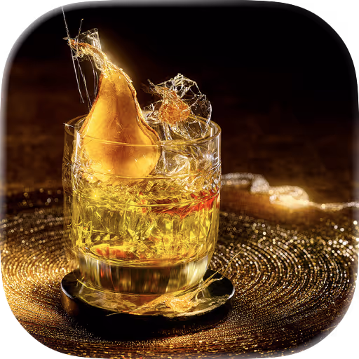 Ein Getränkeglas mit gelbem Flüssigkeit und einer essbaren Karamellverzierung, die aussieht wie ein Blatt, auf einem schwarzen Untersetzer.