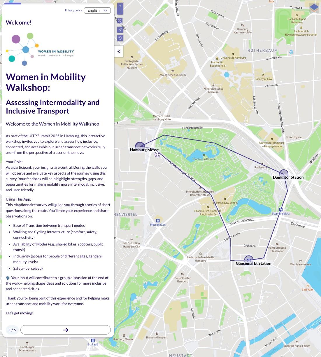 Screenshot from the Maptionnaire survey, showing the route for the walkshop.