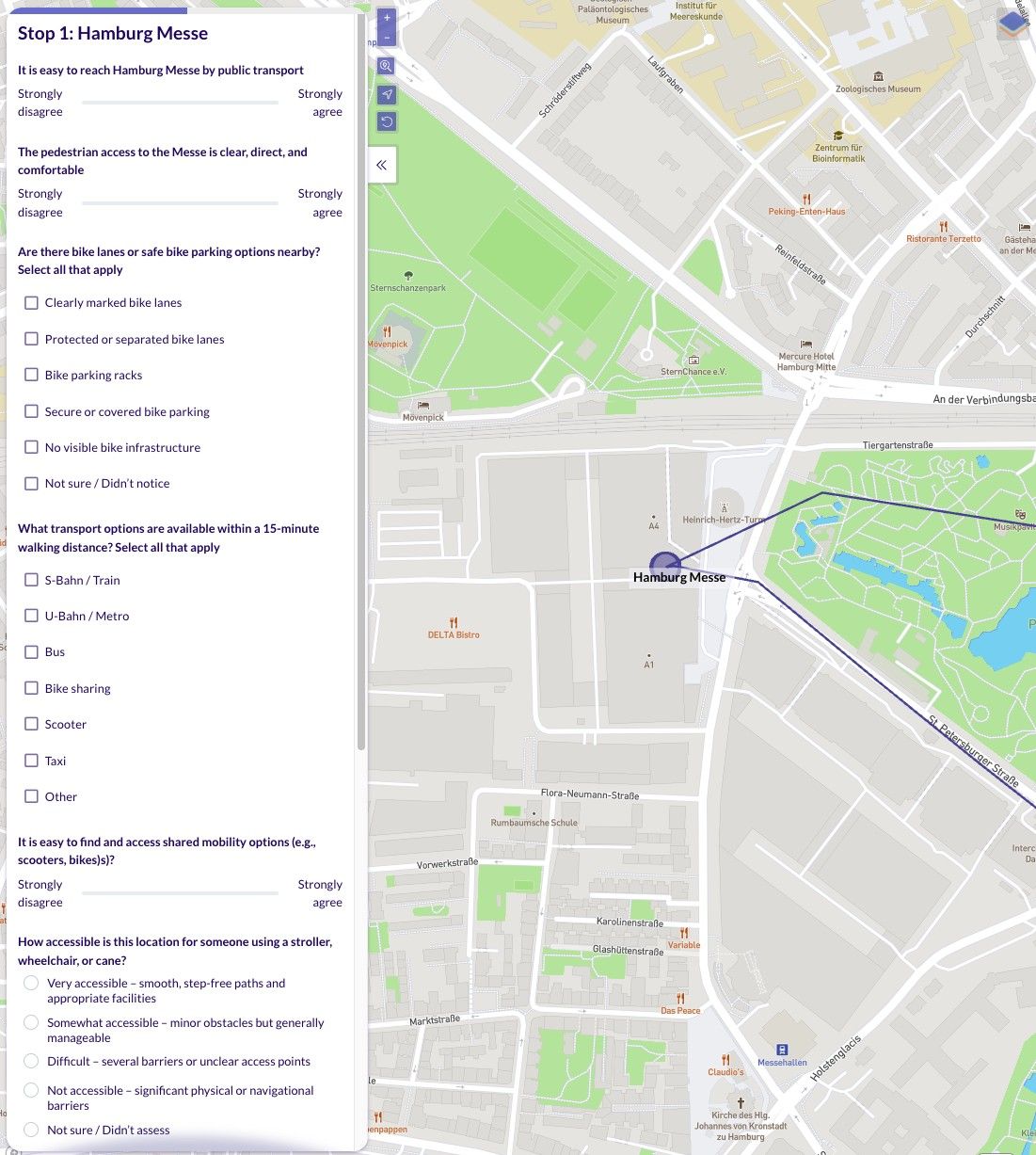 Screenshot from the Maptionnaire survey, showing the questions for the first stop of the walkshop..