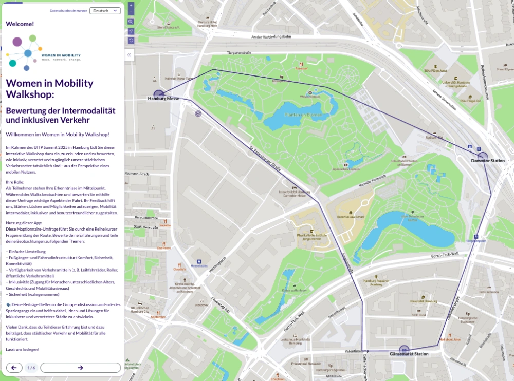 Screenshot from the German-language Maptionnaire survey, showing the route for the walkshop.