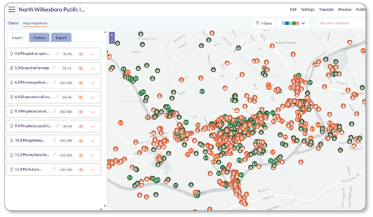 Screenshot from the Maptionnaire platform, showing hundreds of digital map markings from community members