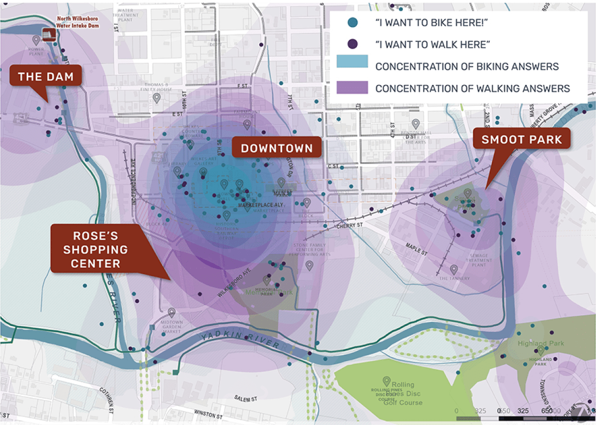 Map of community input (bike + walk preferences) in Downtown Wilkesboro
