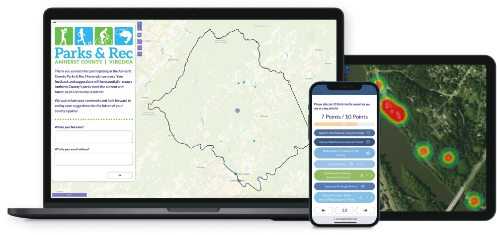 A laptop, phone, and tablet mockup of the Maptionnaire Community Engagement Platform, used in a park planning project.
