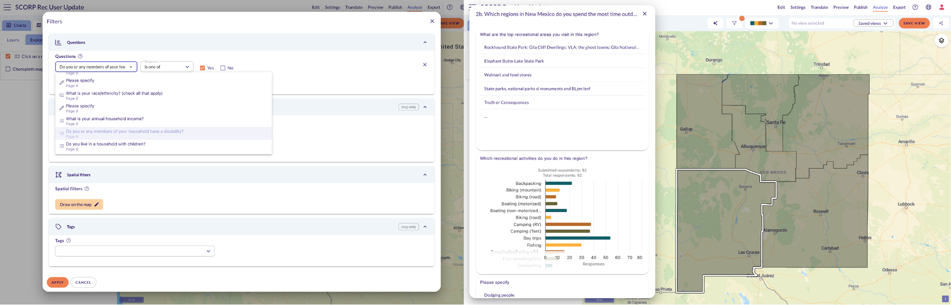 Maptionnaire analysis view showing SCORP survey responses filtered by social determinants such as disability status and income level