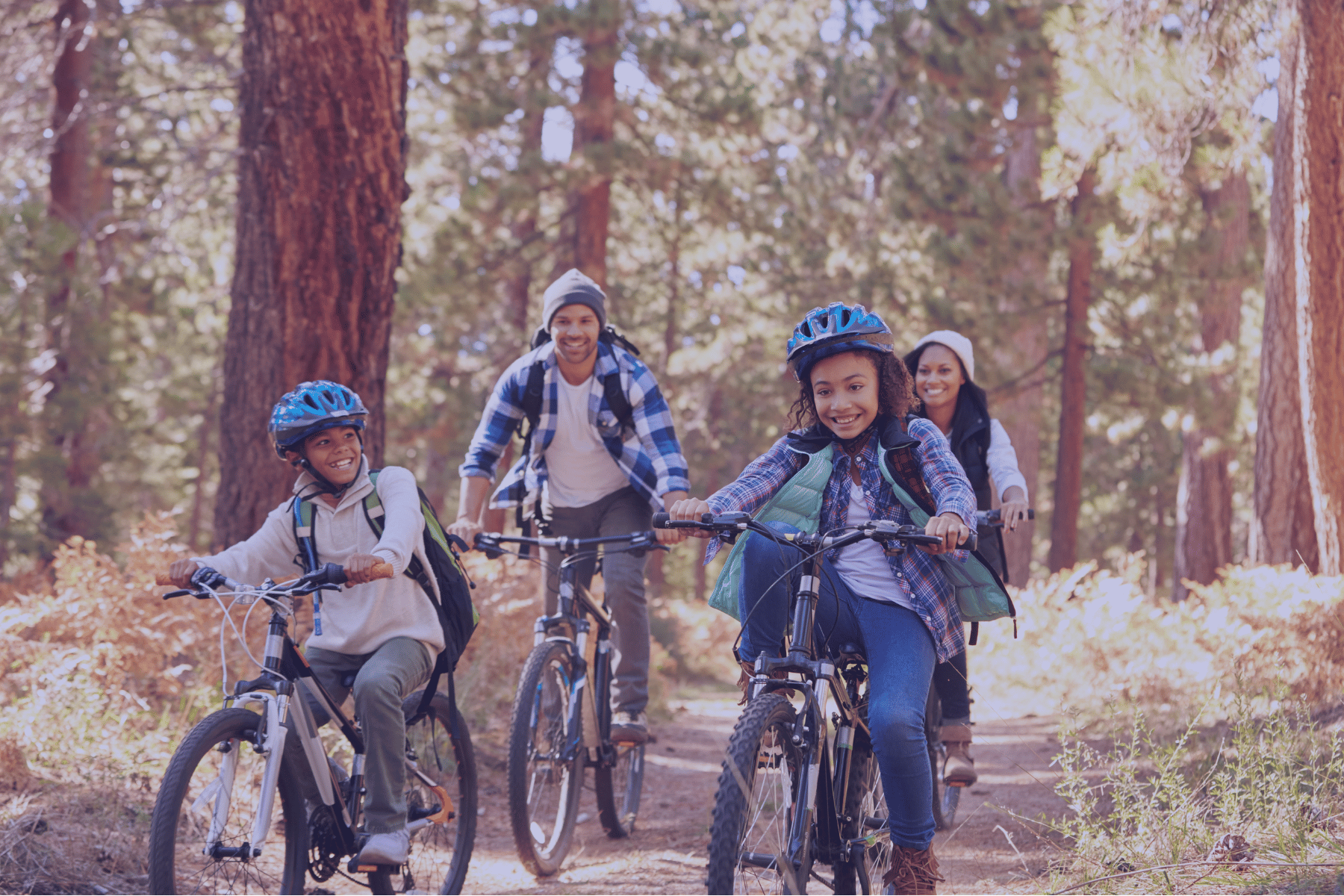 Family biking on a forest trail in New Mexico