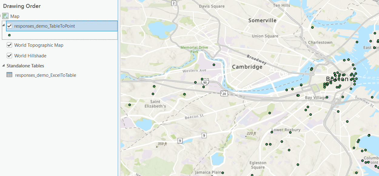 Maptionnaire survey responses displayed as points on a map in ArcGIS Pro