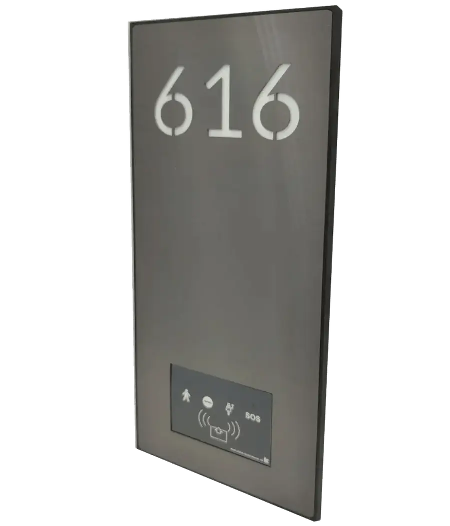 Wall-mounted panel with room number and contactless key card reader