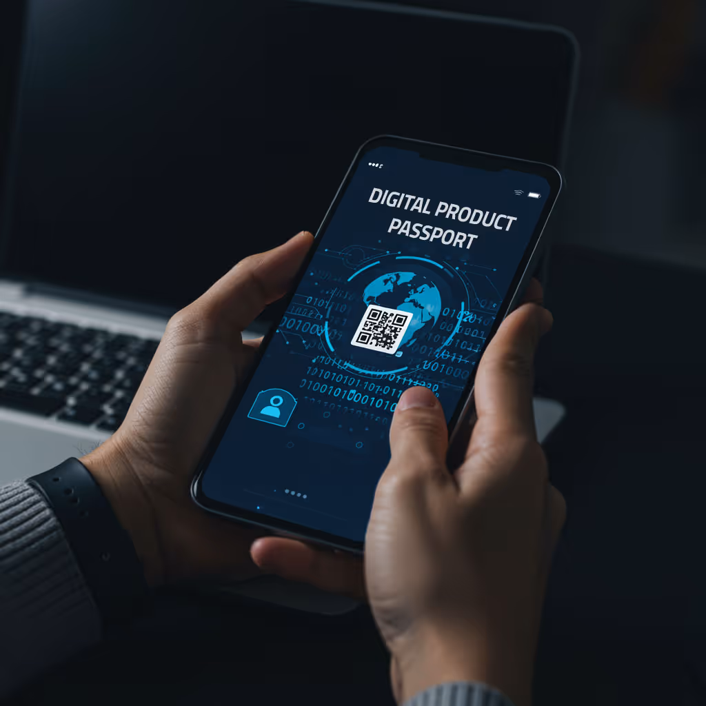 person hält smartphone mit text "digital product passport"