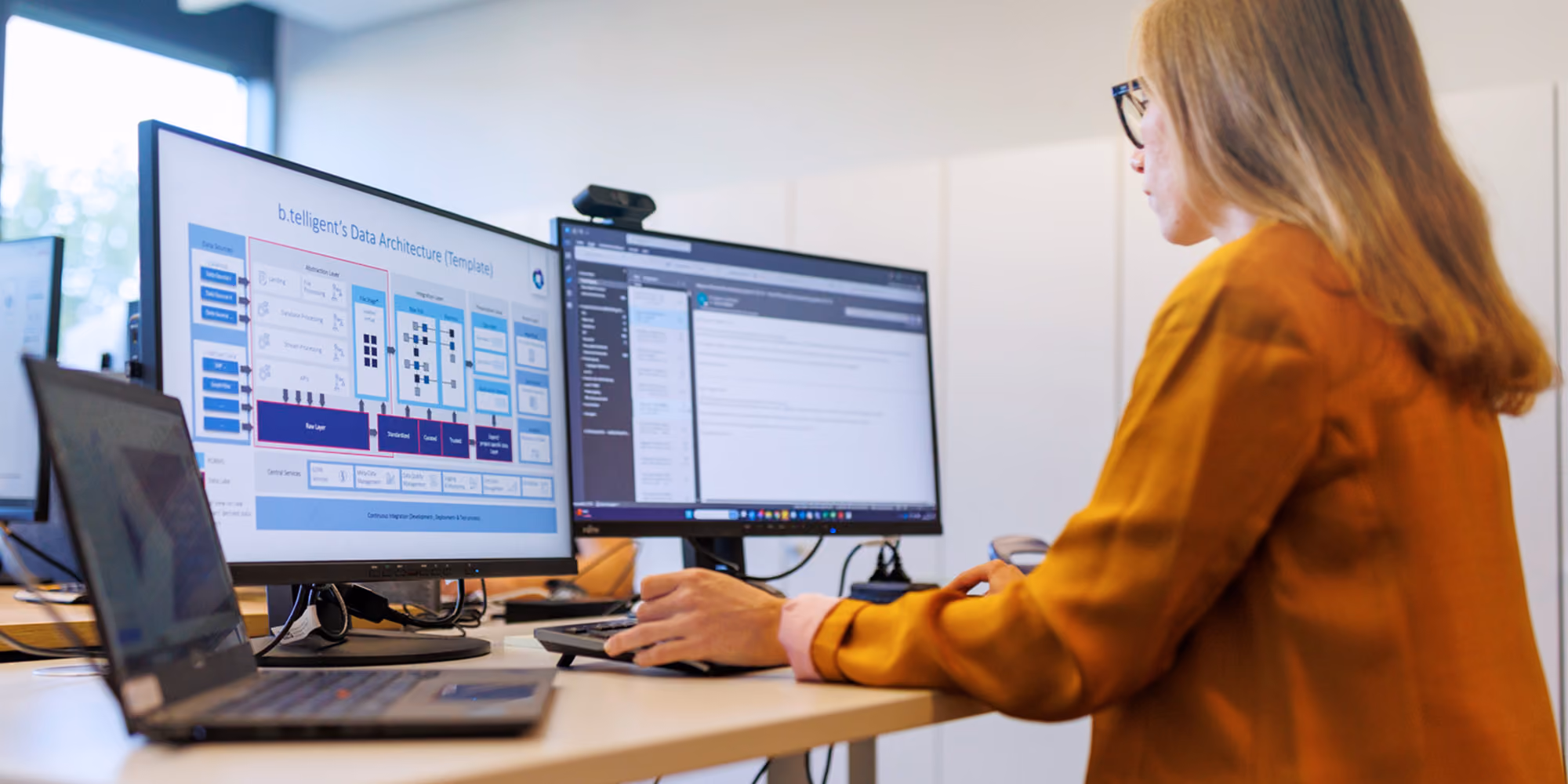 Eine Frau arbeitet an einem Schreibtisch mit drei Bildschirmen, einer zeigt eine Datenarchitekturvorlage.