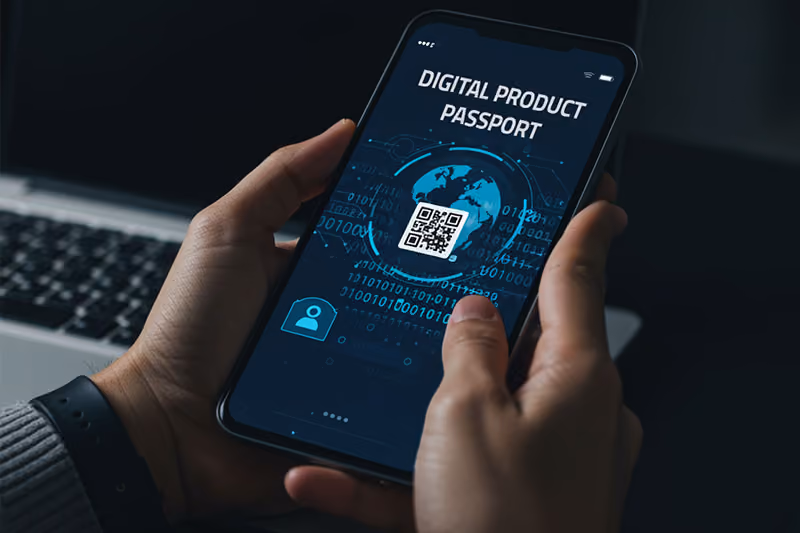 Person holding smartphone displaying a digital product passport with a QR code and a globe image.