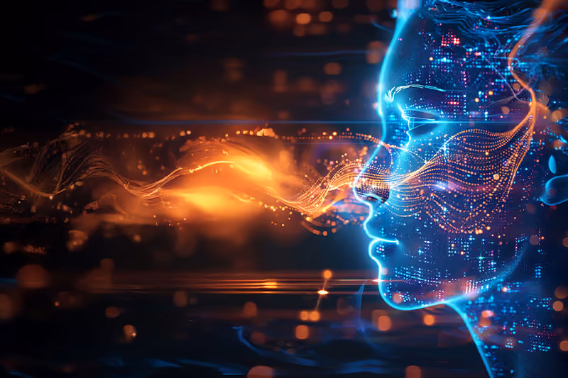 Leuchtendes, digitales Gesicht mit orangefarbenem Lichtstrom, das Intelligenz und Technik symbolisiert.