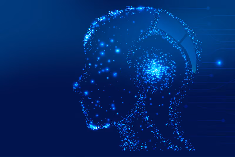 Digitale Darstellung eines menschlichen Kopfprofils in blau mit leuchtenden Lichtpunkten und Linien, die ein Netzwerk oder künstliche Intelligenz symbolisieren.