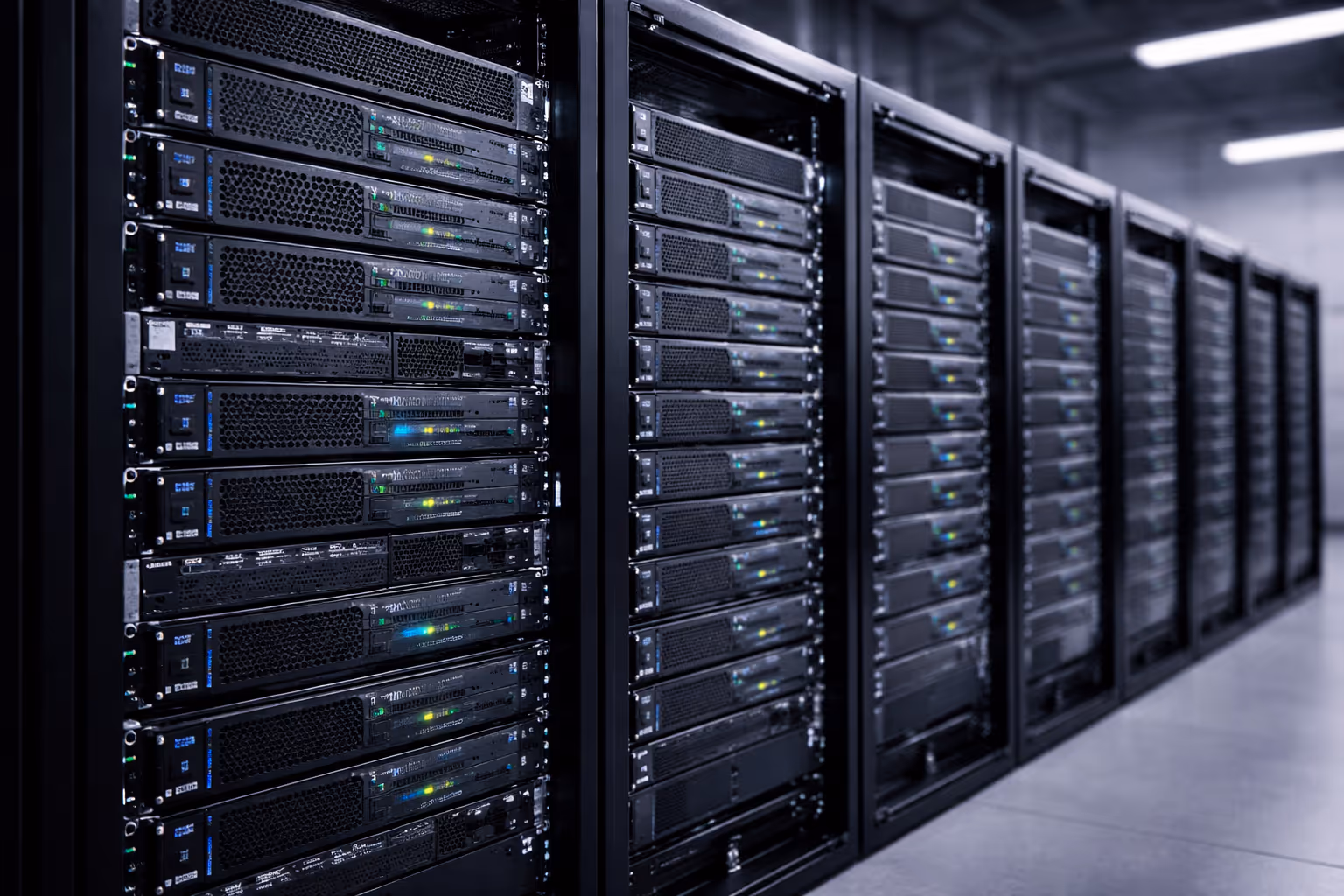 Rows of server racks with multiple black servers and blinking indicator lights in a data center.