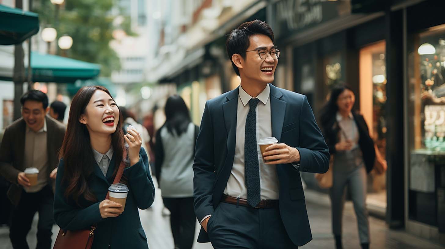 A girl and a boy strolling and smiling, while holding a cup of coffee.