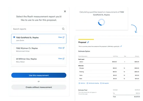 Screenshot of a Roofr measurement report selection interface with three addresses listed, showing a loading indicator calculating quantities, and a proposal summary with itemized roof repair and materials costs totaling $2,057.00.