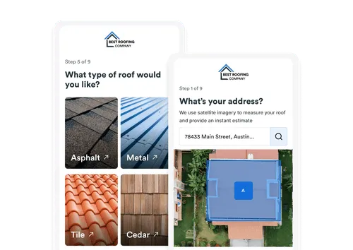 Two mobile screens from Best Roofing Company: one asks for address with a satellite roof image, the other asks for roof type with images of asphalt, metal, tile, and cedar roofs.